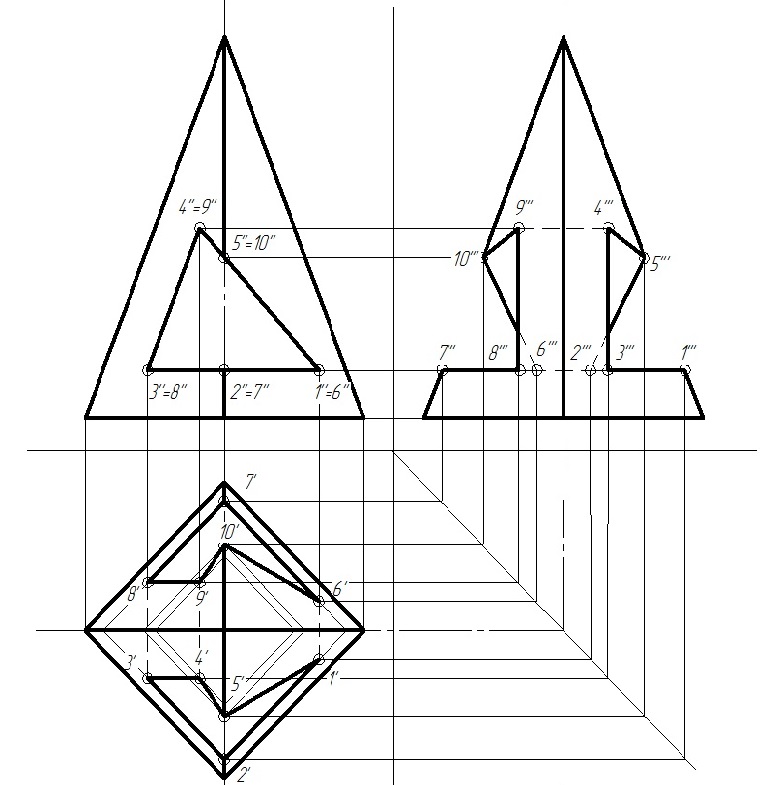 Геометрия чертить. Начертательная геометрия проекция пирамиды. Три проекции четырехгранной пирамиды. Пирамида со сквозным отверстием Начертательная геометрия. Пирамида вид сбоку черчение.